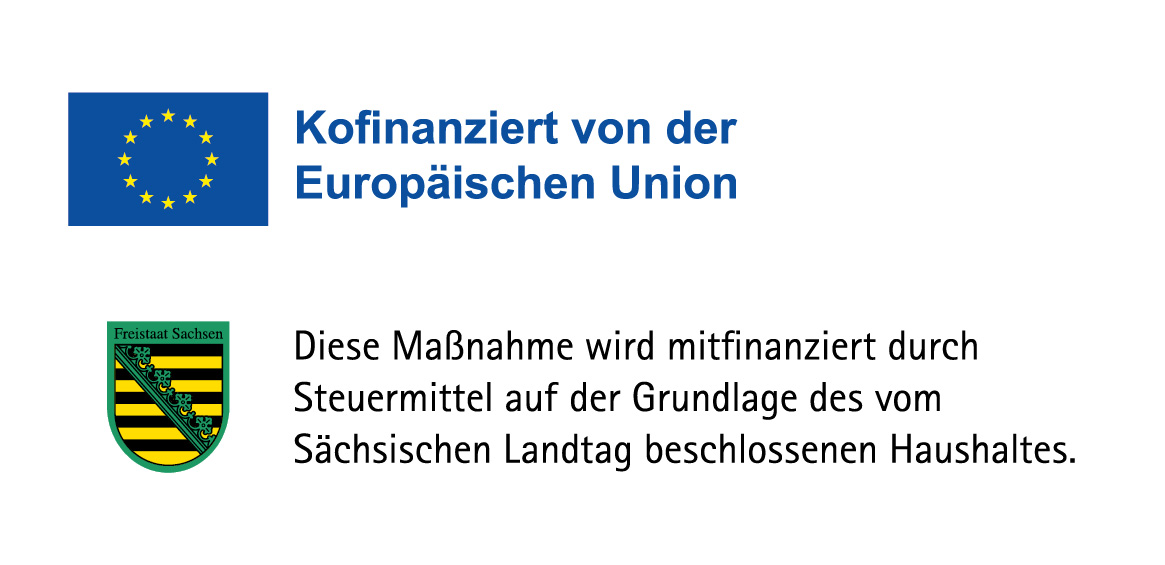 Logo der Europäischen Union und des Freistaats Sachsen mit deutschem Text, der auf die Kofinanzierung durch die EU und die Finanzierung durch den sächsischen Landtag hinweist.